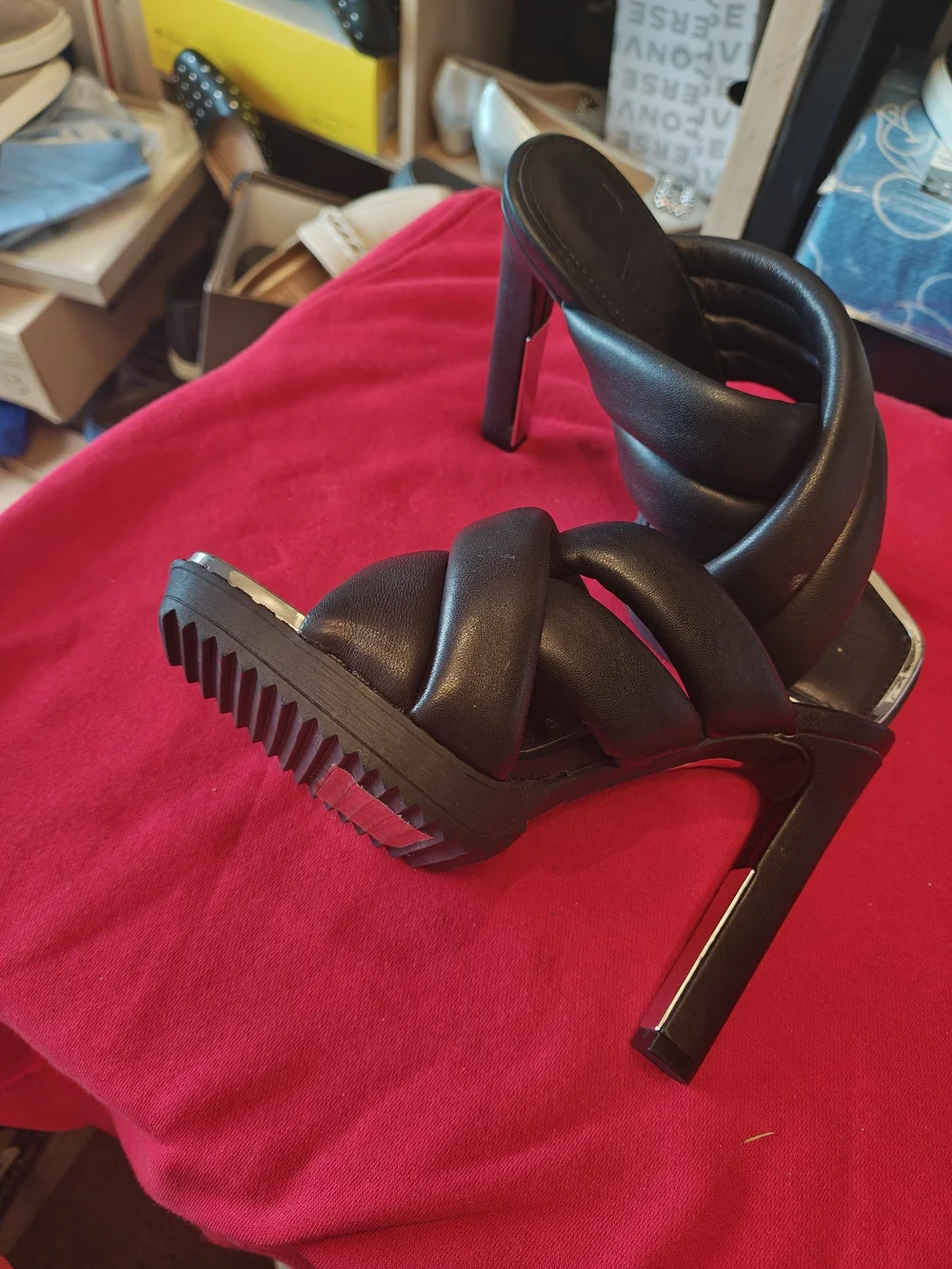 DKNY Black Padded Crossover Strap High Heel Mules 6